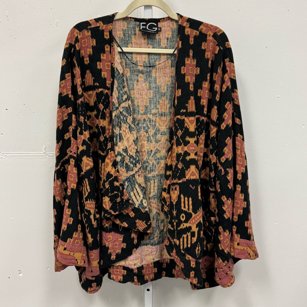 FG Fair Ground Linen Blend Aztec Western Open Front Kimono Cardigan Coverup OS